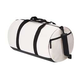 A beige duffle bag with black straps and a zippered pocket, featuring a logo on the side.