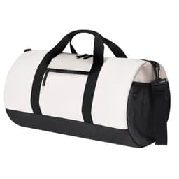 A duffle bag in cream and black with handles, a shoulder strap, and mesh side pocket. It features a logo.