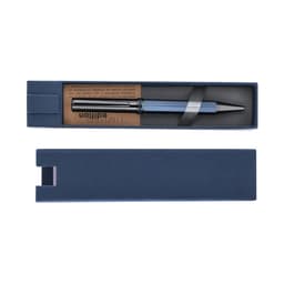 A metal pen in a blue case featuring a sleek design and a logo. The pen is silver and black with a polished finish.