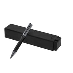 A black metal pen lies atop a black presentation box, featuring a sleek design and a logo.