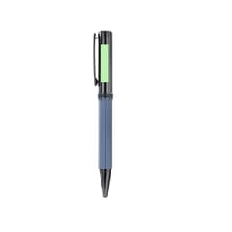 A metal pen in navy blue with a green accent, featuring a clip and a logo.