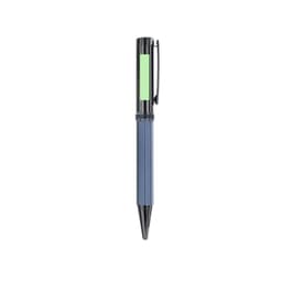 A metal pen with a blue body and a green section, featuring a clip and a glossy finish. It has a logo on the side.
