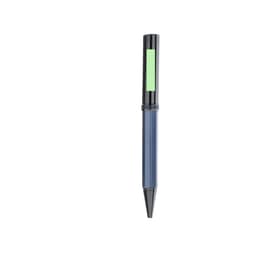 A metal pen in navy blue and black with a green section and a logo.