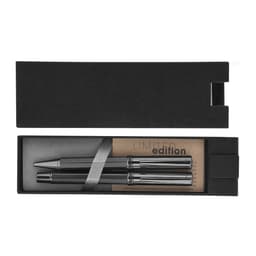 A gift set featuring two sleek black metal pens inside a black presentation box with a logo.