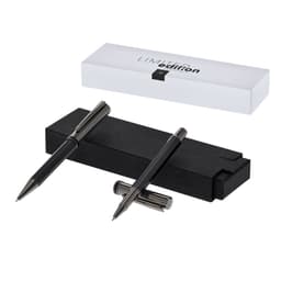 A black metal pen set in a white box with a logo, featuring two pens in a sleek, modern design.