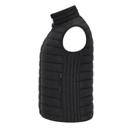 A black puffer vest with a zippered side pocket and a high collar, featuring a quilted design.