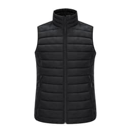 A black, sleeveless jacket with a zip front, featuring a quilted design and two side pockets.