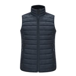 A navy puffer vest with a high collar and zip closure, featuring horizontal quilted detailing and side pockets.