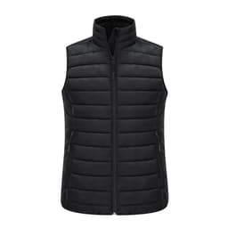 A black puffer vest with a zip closure and a high collar, featuring horizontal stitching and pockets.