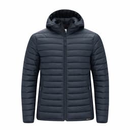 A padded navy jacket with a hood and zippered front, featuring side pockets and branding.