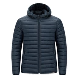 A navy quilted jacket with a hood and zippered front, featuring two side pockets and a logo.