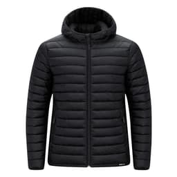 A black puffer jacket with a hood, featuring a zip front and textured panels. It has a logo on the side.