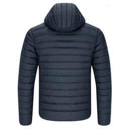 A navy puffer jacket with horizontal stripes and a hood, featuring a logo on the back.