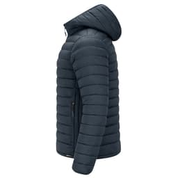 A navy puffer jacket with a hood, featuring a zippered side pocket and a sleek, modern design.
