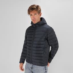 A navy Dilax Jacket featuring a hood and quilted design, displayed by a man in a neutral background.