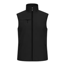 A black vest jacket featuring a high collar, front zipper, and zippered pockets. Includes a logo.