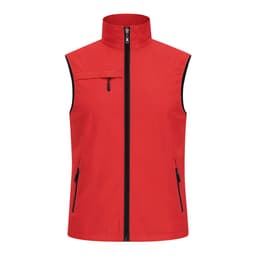 A red vest with a high collar, front zip, and two side pockets, featuring a zippered chest pocket.