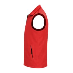 A red sleeveless vest with a zip pocket and a logo on the front.