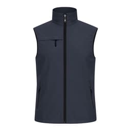A navy blue sleeveless jacket with a high collar and zippered pockets, featuring a logo on the chest.
