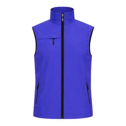 A purple vest featuring a high collar and zippered front, with side pockets and a small chest pocket.