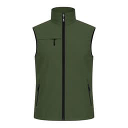 A dark green vest with a high collar, featuring a front zipper and two side pockets. It has a small pocket on the chest.