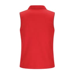 A sleeveless red jacket with a collar, featuring a logo on the back. Suitable for various activities.