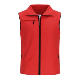 A red vest jacket featuring a front zip and two side pockets, with a simple design and a branding logo.