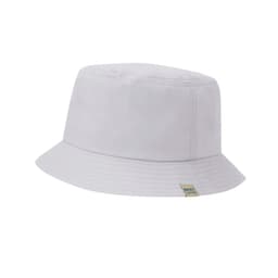 A light grey bucket hat with a branded tag, featuring a wide brim and a simple design.