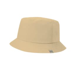 A beige bucket hat with a stitched brim and a small logo on the side.