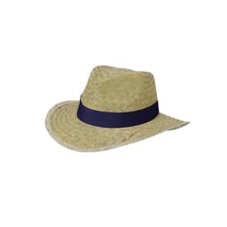 A straw hat featuring a wide brim and a navy blue band around the base.