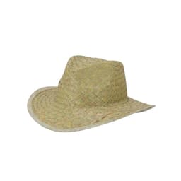 A straw hat in a natural colour with a wide brim and a woven texture, featuring a logo.
