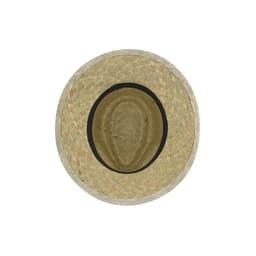 A straw hat featuring a wide brim with a black band, showcasing a natural light brown weave.