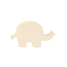 A wooden elephant-shaped money box in a natural colour. It has a simple, unadorned design and a small branding logo.
