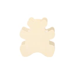 A beige money box shaped like a teddy bear, featuring a simple design and a smooth surface. It has a logo on the front.