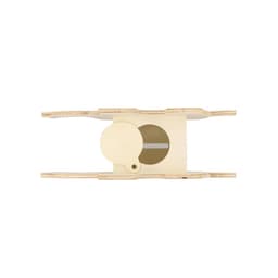 A cream-coloured money box with a slot for inserting coins and a circular cover. It features a simple, wooden design.