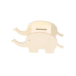 An elephant-shaped money box in a light cream colour, featuring a slot for coins. It has a simple, playful design.