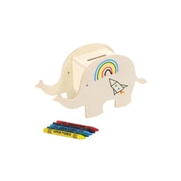A wooden elephant-shaped money box in a natural finish with a rainbow and rocket design, accompanied by colourful crayons.