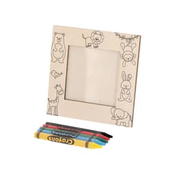 A wooden photo frame decorated with animal illustrations, accompanied by four colourful crayons.