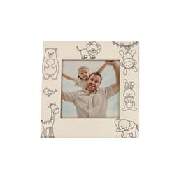A wooden photo frame in cream, decorated with animal illustrations, featuring a photograph of a man and a child.