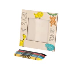 A children's photo frame with animal illustrations and four crayons in red, blue, green, and black.