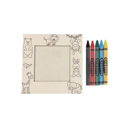 A wooden photo frame featuring animal illustrations, accompanied by four coloured crayons: red, black, yellow, and blue.