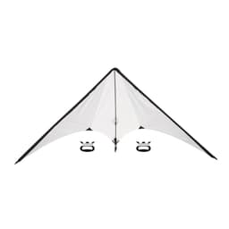 A white outdoor tent with black trim and two attachment points for securing it. It features a triangular design.