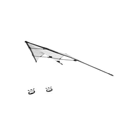 A kite with a black frame and white fabric, accompanied by two attachment pieces.