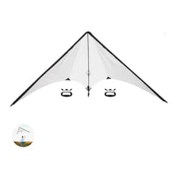 A white and black kite featuring a triangular shape with handles on each side, designed for outdoor leisure activities.