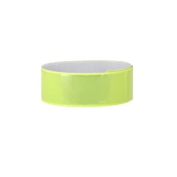 A bright yellow wristband with a smooth, glossy finish and an inner white lining, featuring a logo.