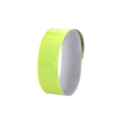 A bright yellow wristband featuring a smooth exterior and a circular design, with an inner white surface and a logo.