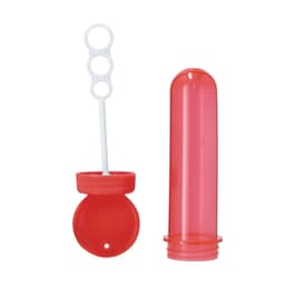 A red bubble wand holder with a clear bubble wand inside. The holder has a circular base and a cap.