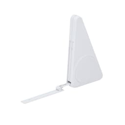 A white triangular tape measure with a retractable measuring tape and a branding logo.