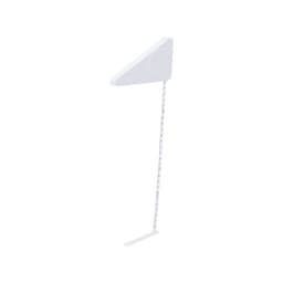 A white tape measure with a triangular casing and measurement markings along the tape. It features a logo.