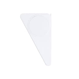 A white triangle-shaped tape measure with a circular end and a branding logo.